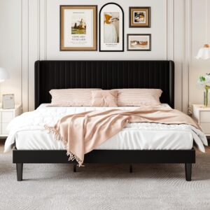 SHA CERLIN King Size Velvet Bed Frame with Vertical Channel Tufted Wingback Headboard, Upholstered Platform Bed with Wood Slats, No Box Spring Needed, Easy Assembly, Black