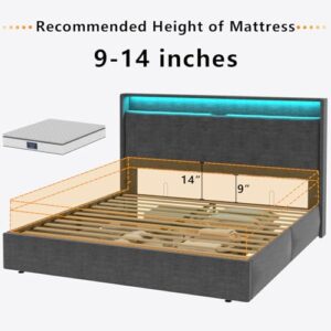 Loomie King Lift Up Bed Frame with Charging Station & LED Lights, Upholstered Bed with Button Tufted Wingback Storage Headboard, Hydraulic Storage, No Box Spring Needed, Wood Slats Support,Dark Grey