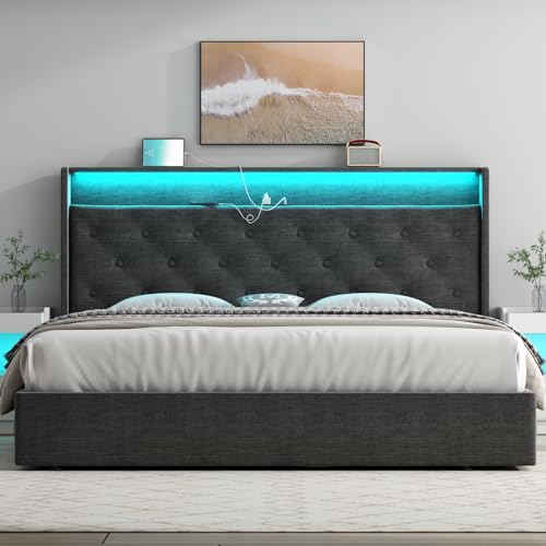 Loomie King Lift Up Bed Frame with Charging Station & LED Lights, Upholstered Bed with Button Tufted Wingback Storage Headboard, Hydraulic Storage, No Box Spring Needed, Wood Slats Support,Dark Grey