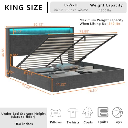 Loomie King Lift Up Bed Frame with Charging Station & LED Lights, Upholstered Bed with Button Tufted Wingback Storage Headboard, Hydraulic Storage, No Box Spring Needed, Wood Slats Support,Dark Grey