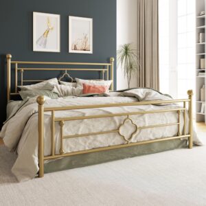 HOOMIC 14 Inch King Size Metal Platform Bed Frame with Vintage Victorian Style, Wrought Iron Headboard and Footboard/Mattress Foundation for Storage/No Box Spring Required/Easy Assembly/Gold