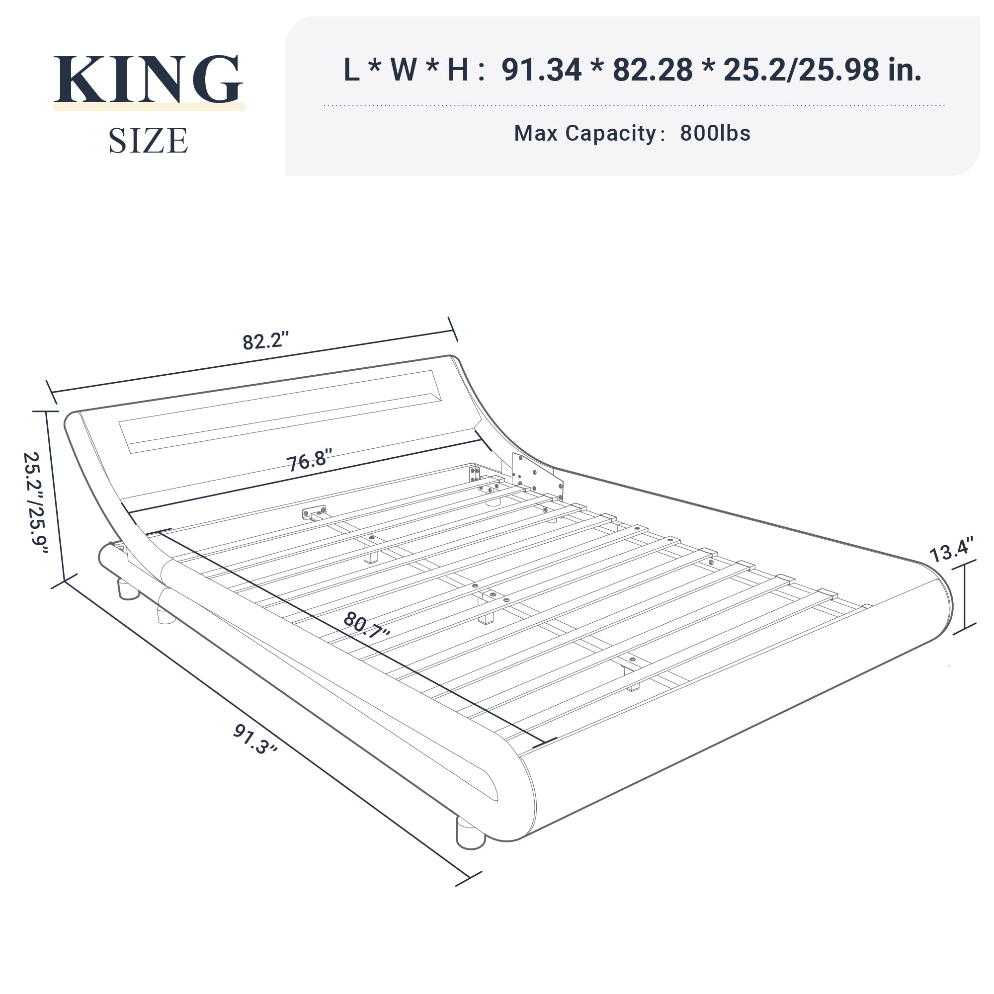 Allewie King Size LED Platform Bed Frame with Adjustable Headboard/No Box Spring Need/Easy Assembly/Faux Leather in Black