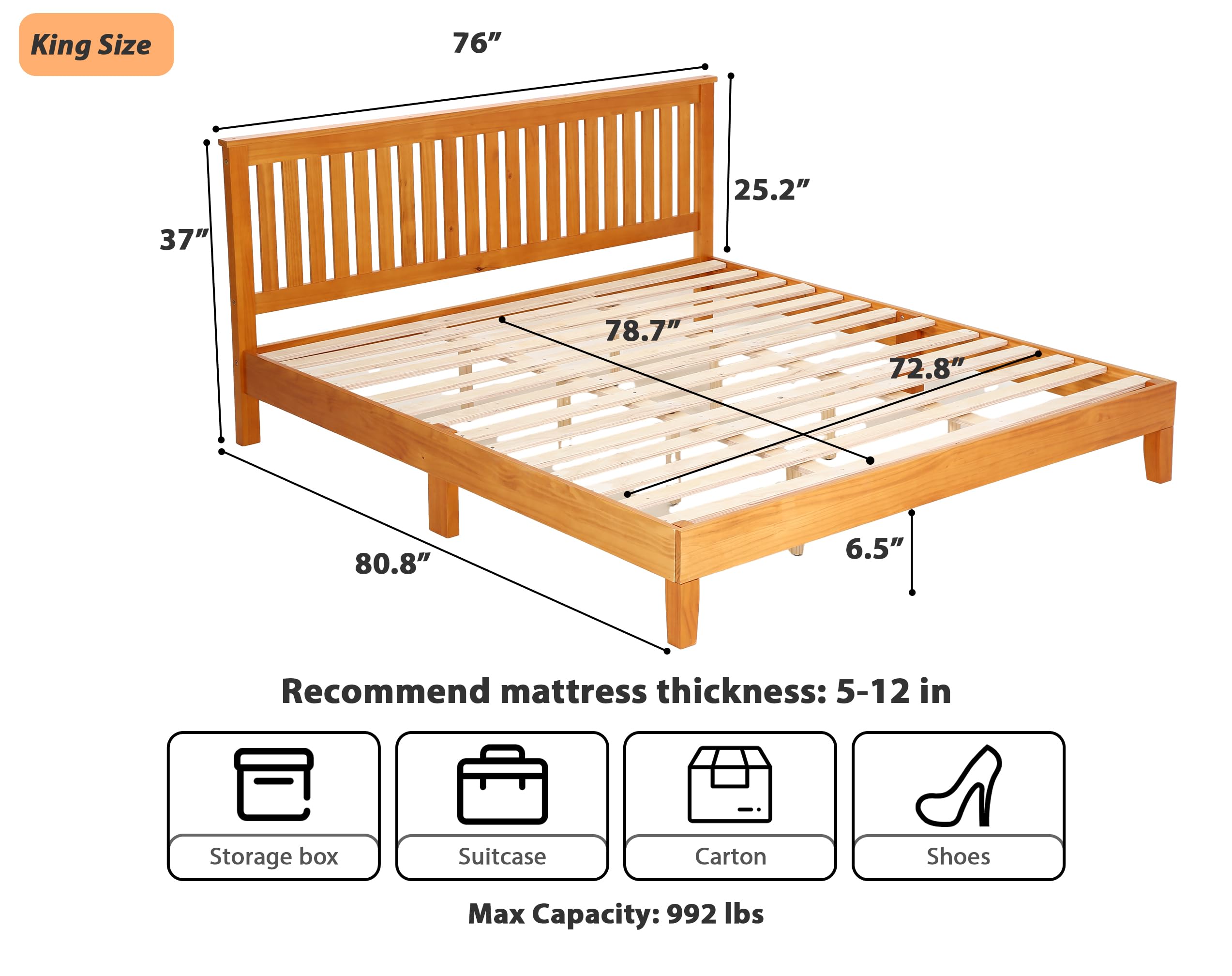 MKDLUFEI Wooden Bed Frame, King Headboard and Frame with Complete Headboard, Wood Bed Frame with 14 Strong Wooden Slats, Wood Platform Bed, No Box Spring Needed, King Bed Frame Wood, King - Natural