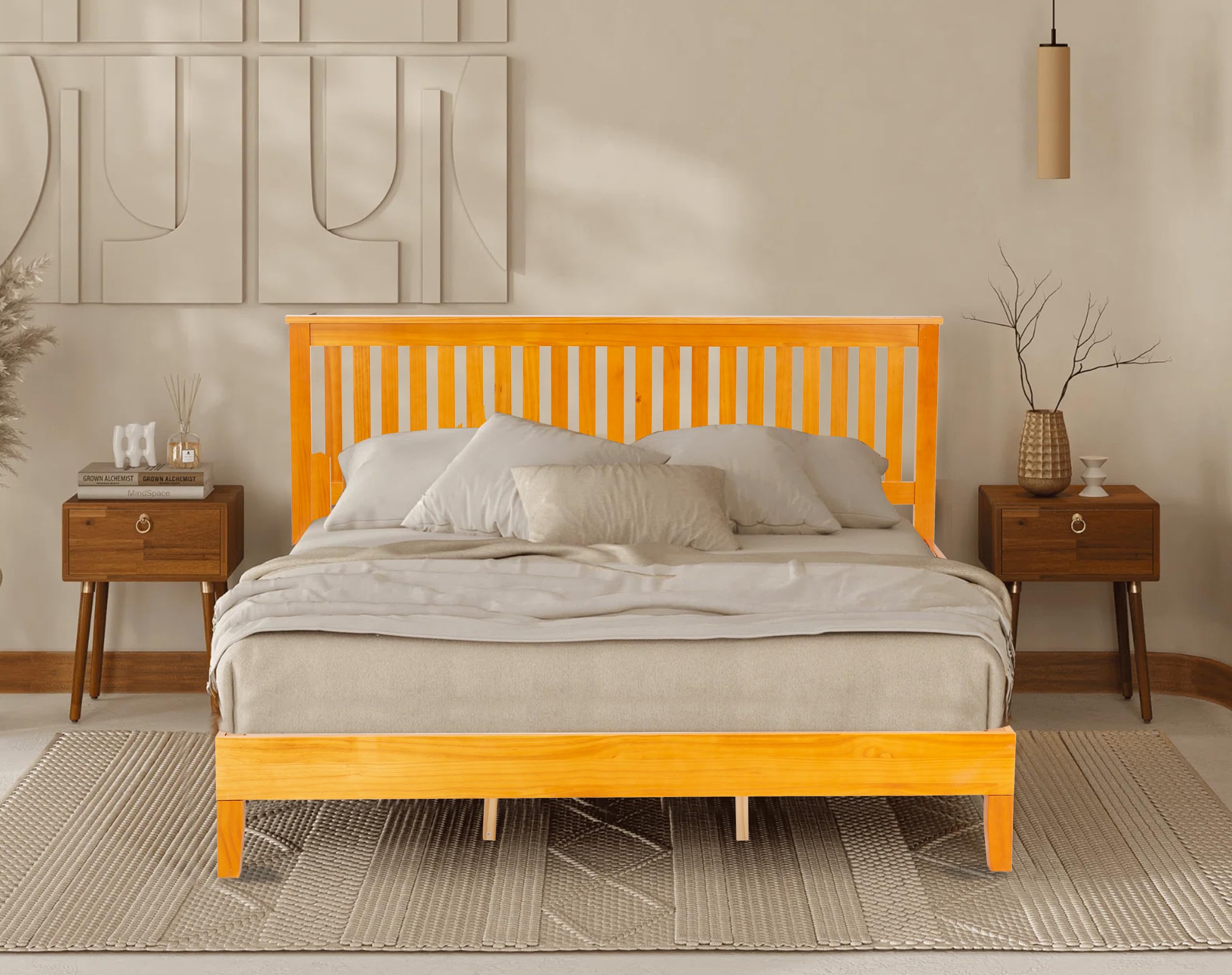 MKDLUFEI Wooden Bed Frame, King Headboard and Frame with Complete Headboard, Wood Bed Frame with 14 Strong Wooden Slats, Wood Platform Bed, No Box Spring Needed, King Bed Frame Wood, King - Natural