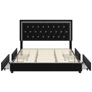 HITHOS King Size Bed Frame with 4 Storage Drawers and Adjustable Headboard, Modern Upholstered Platform Bed with Wood Slat Support, Diamond Button Tufted Design, No Box Spring Needed (Black, King)