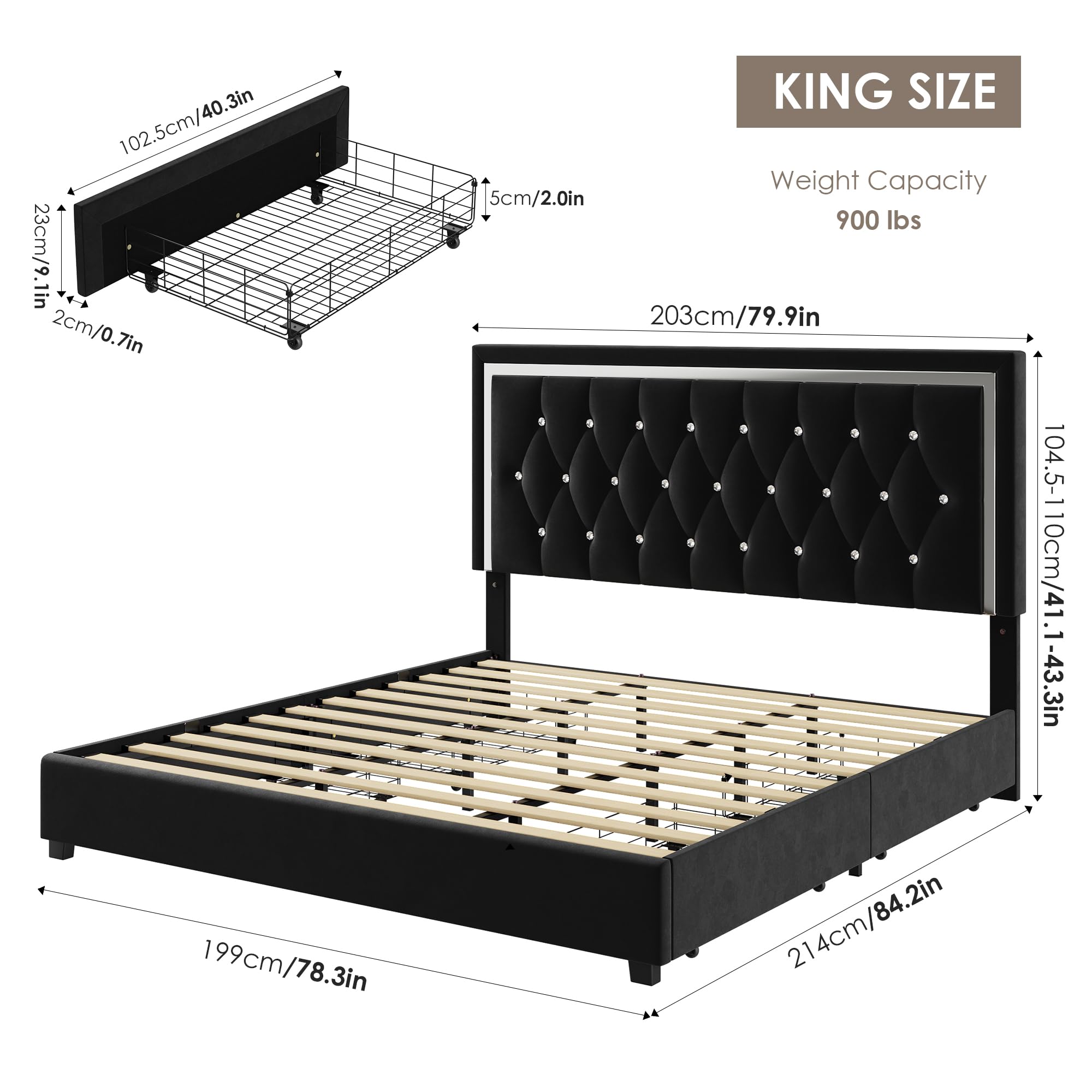 HITHOS King Size Bed Frame with 4 Storage Drawers and Adjustable Headboard, Modern Upholstered Platform Bed with Wood Slat Support, Diamond Button Tufted Design, No Box Spring Needed (Black, King)