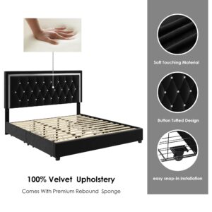 HITHOS King Size Bed Frame with 4 Storage Drawers and Adjustable Headboard, Modern Upholstered Platform Bed with Wood Slat Support, Diamond Button Tufted Design, No Box Spring Needed (Black, King)