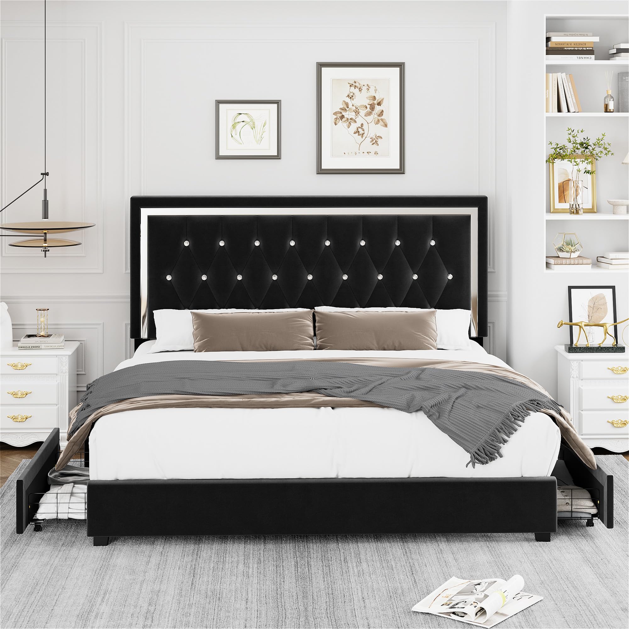 HITHOS King Size Bed Frame with 4 Storage Drawers and Adjustable Headboard, Modern Upholstered Platform Bed with Wood Slat Support, Diamond Button Tufted Design, No Box Spring Needed (Black, King)