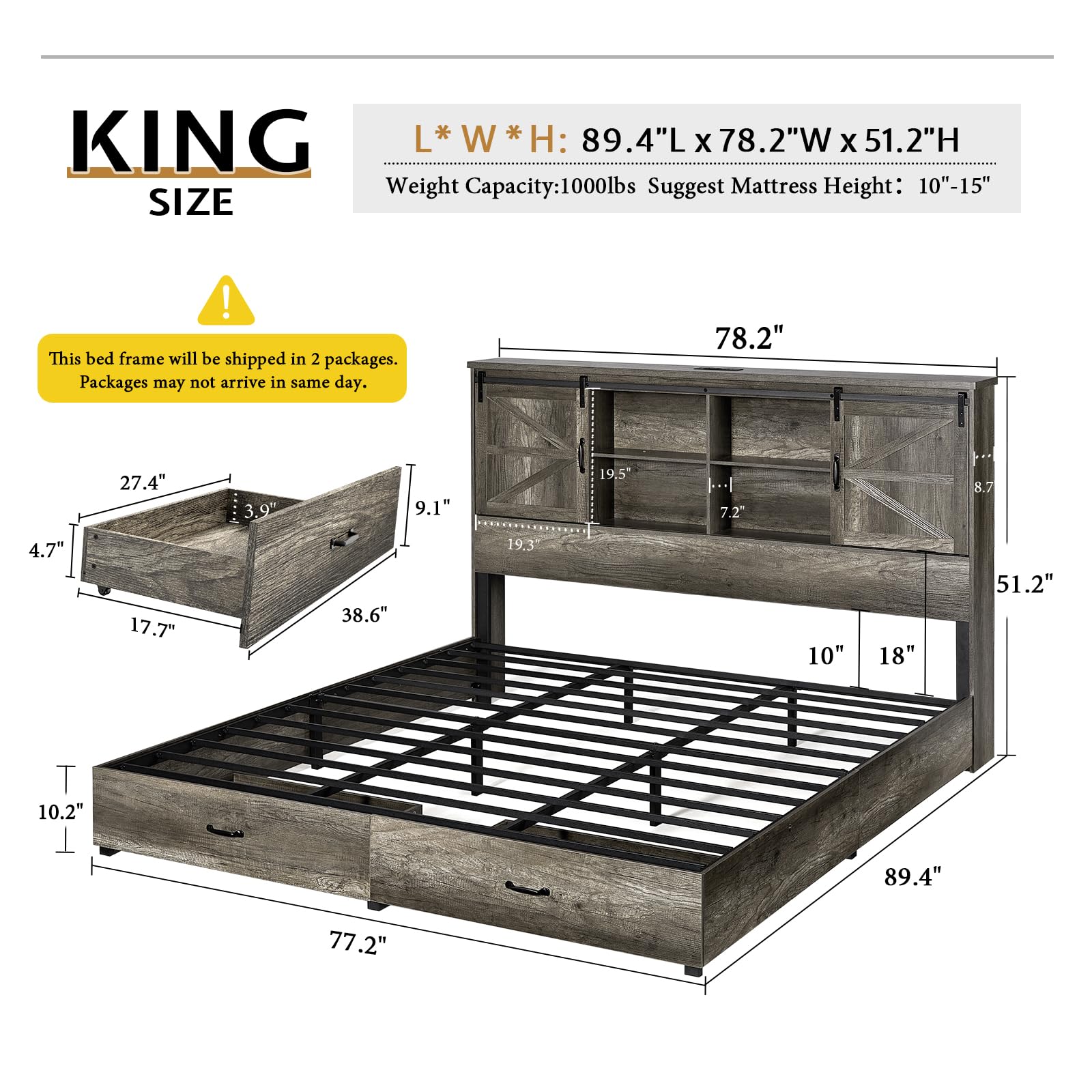 VanAcc King Size Bed Frame, Wooden Platform Storage Bed with 51.2" Bookcase Headboard, 2 Drawers, Charging Station/No Box Spring Needed/Noise Free(Rustic Grey)