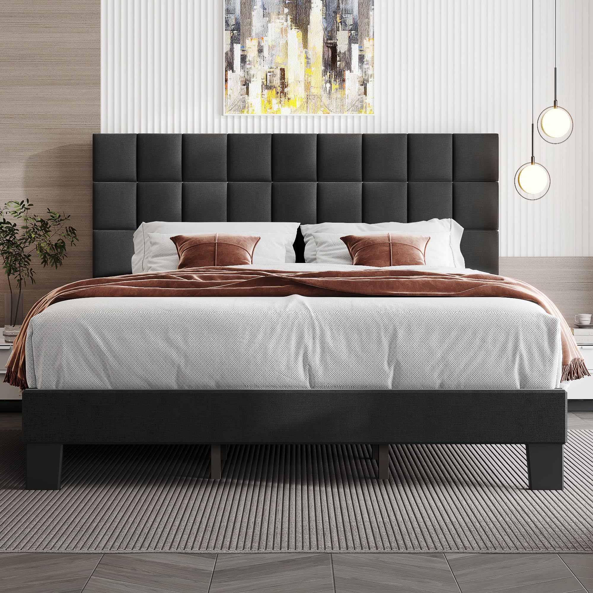 Lifezone King Bed Frame with Headboard Upholstered Bed Frame with Linen Tufted Headboard,Ship in 2 Boxes,Wood Slats Support,No Boxing Needed,Heavy Duty Feet,Easy Assembly, Dark Grey