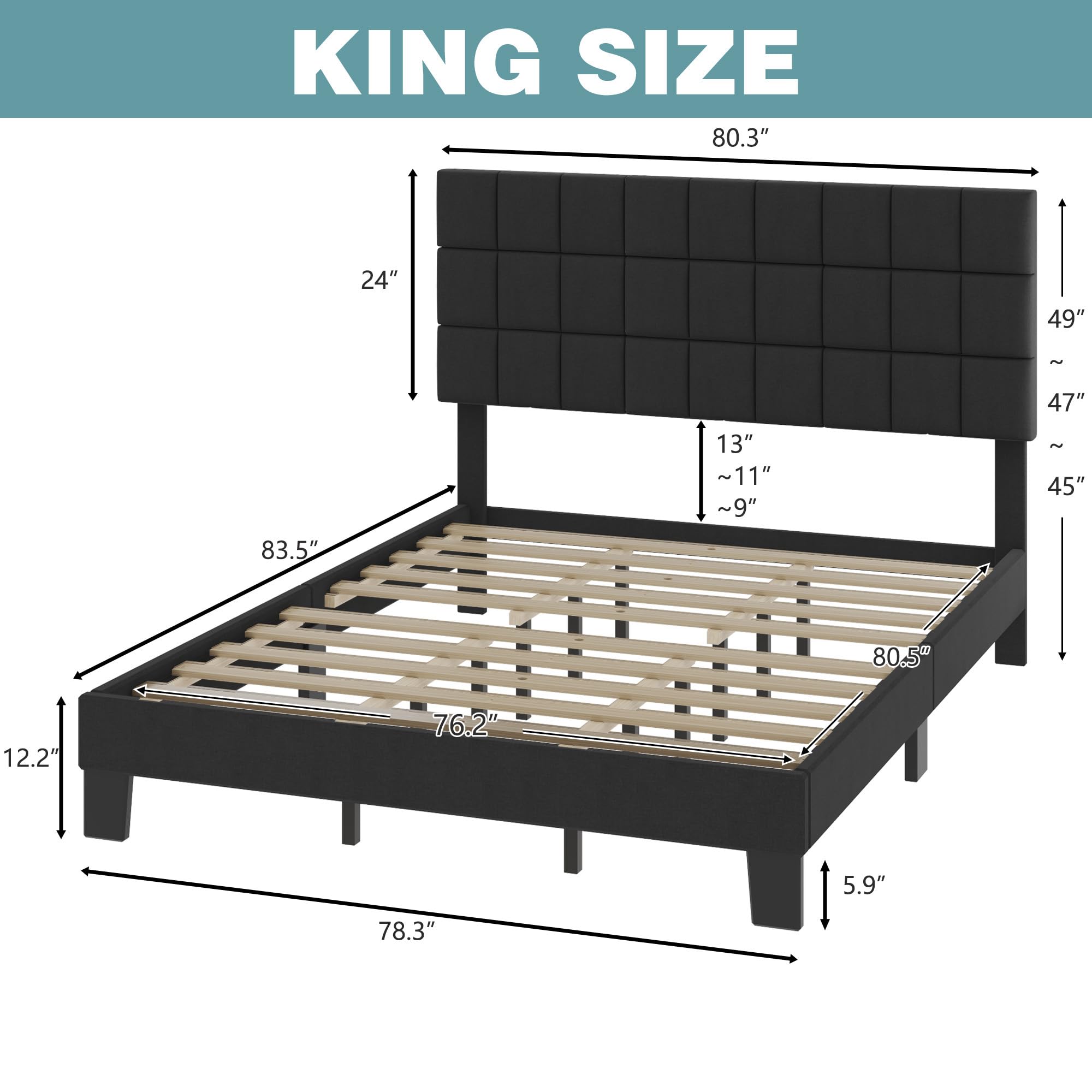 Lifezone King Bed Frame with Headboard Upholstered Bed Frame with Linen Tufted Headboard,Ship in 2 Boxes,Wood Slats Support,No Boxing Needed,Heavy Duty Feet,Easy Assembly, Dark Grey