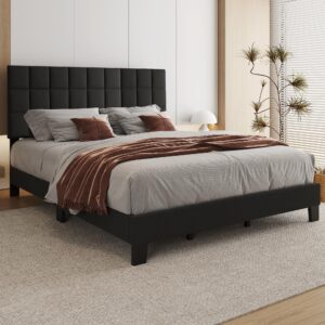 Lifezone King Bed Frame with Headboard Upholstered Bed Frame with Linen Tufted Headboard,Ship in 2 Boxes,Wood Slats Support,No Boxing Needed,Heavy Duty Feet,Easy Assembly, Dark Grey