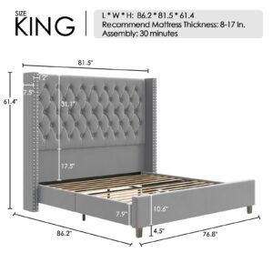 PaPaJet King Size Bed Frame 61.4" Tall Headboard Upholstered Velvet Platform Bed with Handmade Deep Button Tufted/No Box Spring Required/Grey