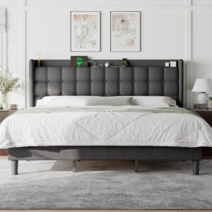 feonase king size bed frame with 20w type-c fast charging port, soft upholstered platform bed frame with storage wingback headboard, wooden slats support, no box spring needed, dark gray