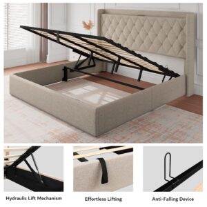 iPormis King Size Lift Up Storage Bed Frame with Charging Station, Upholstered Platform Bed Frame with Tufted Headboard, Hydraulic Storage, No Box Spring Needed, Noise-Free, Easy Assembly, Beige