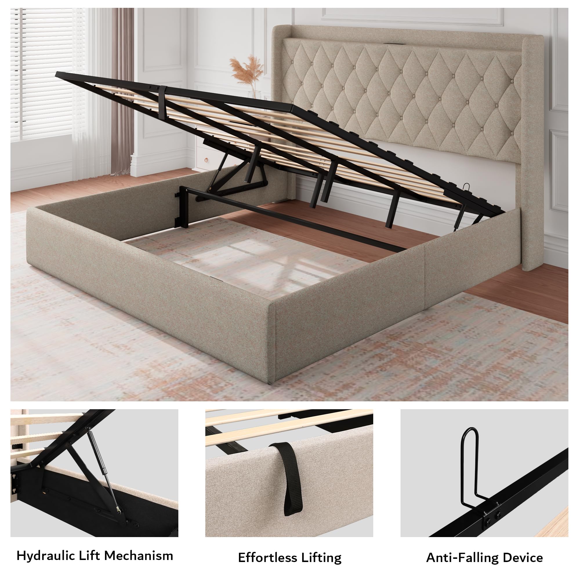 iPormis King Size Lift Up Storage Bed Frame with Charging Station, Upholstered Platform Bed Frame with Tufted Headboard, Hydraulic Storage, No Box Spring Needed, Noise-Free, Easy Assembly, Beige