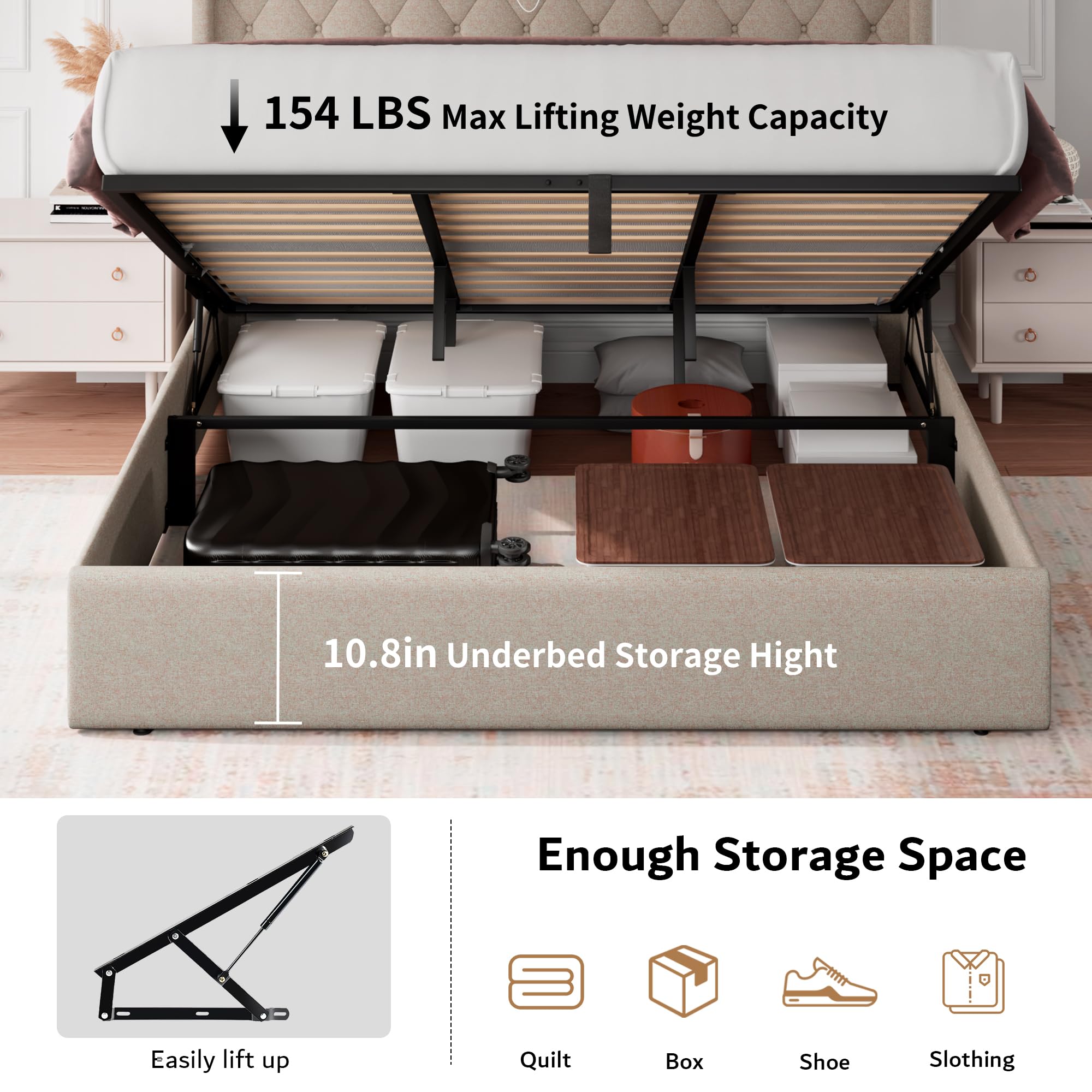 iPormis King Size Lift Up Storage Bed Frame with Charging Station, Upholstered Platform Bed Frame with Tufted Headboard, Hydraulic Storage, No Box Spring Needed, Noise-Free, Easy Assembly, Beige