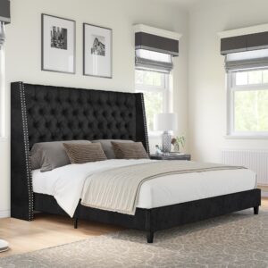 amerlife king size nail button tufted wingback bed frame, linen upholstered platform bed with 56" high wingback headboard, no box spring needed, black