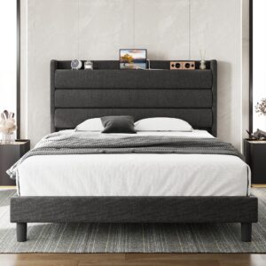 likimio queen size bed frame, storage headboard with outlets, sturdy and stable, no noise, no box springs needed, dark gray