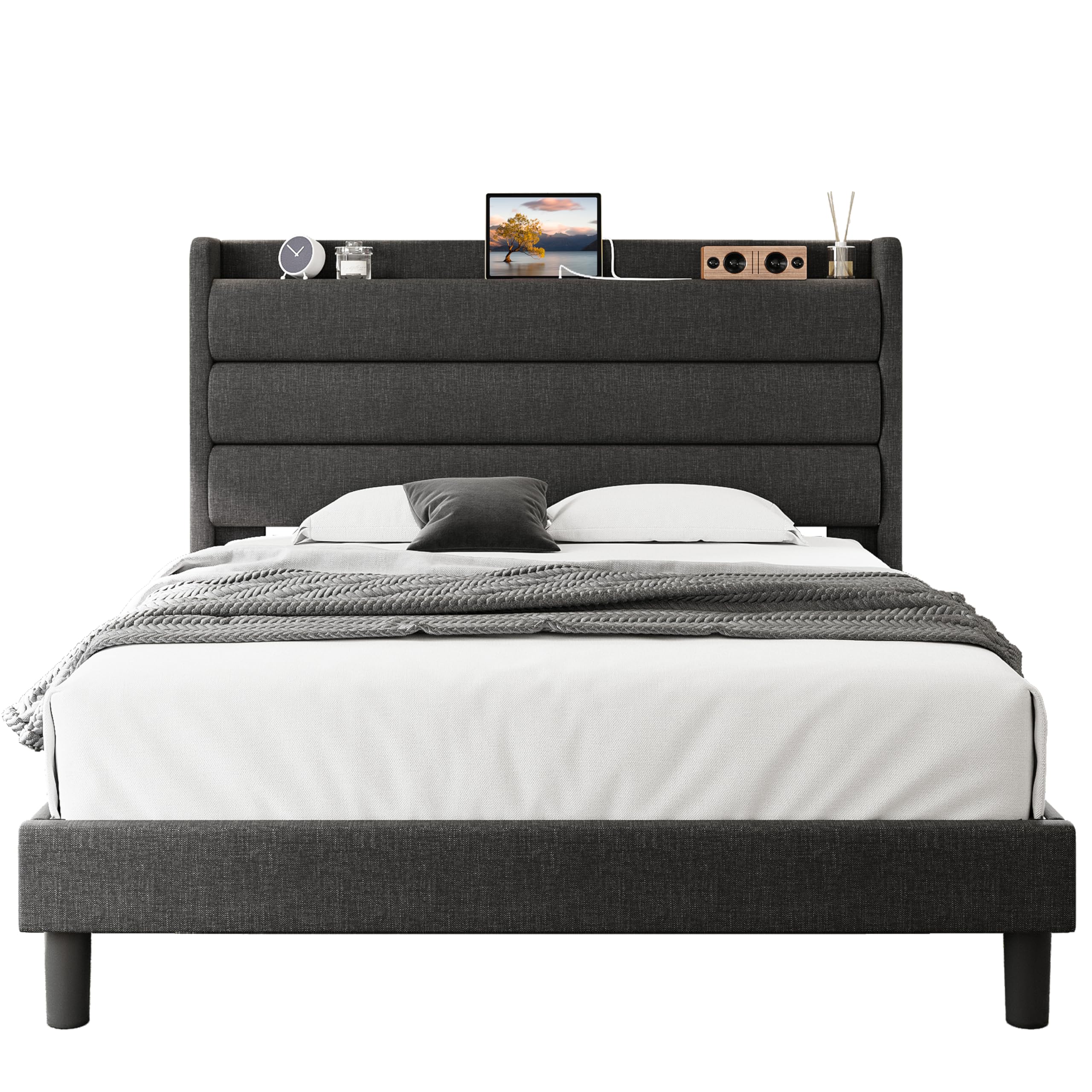 LIKIMIO Queen Size Bed Frame, Storage Headboard with Outlets, Sturdy and Stable, No Noise, No Box Springs Needed, Dark Gray