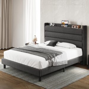 LIKIMIO Queen Size Bed Frame, Storage Headboard with Outlets, Sturdy and Stable, No Noise, No Box Springs Needed, Dark Gray