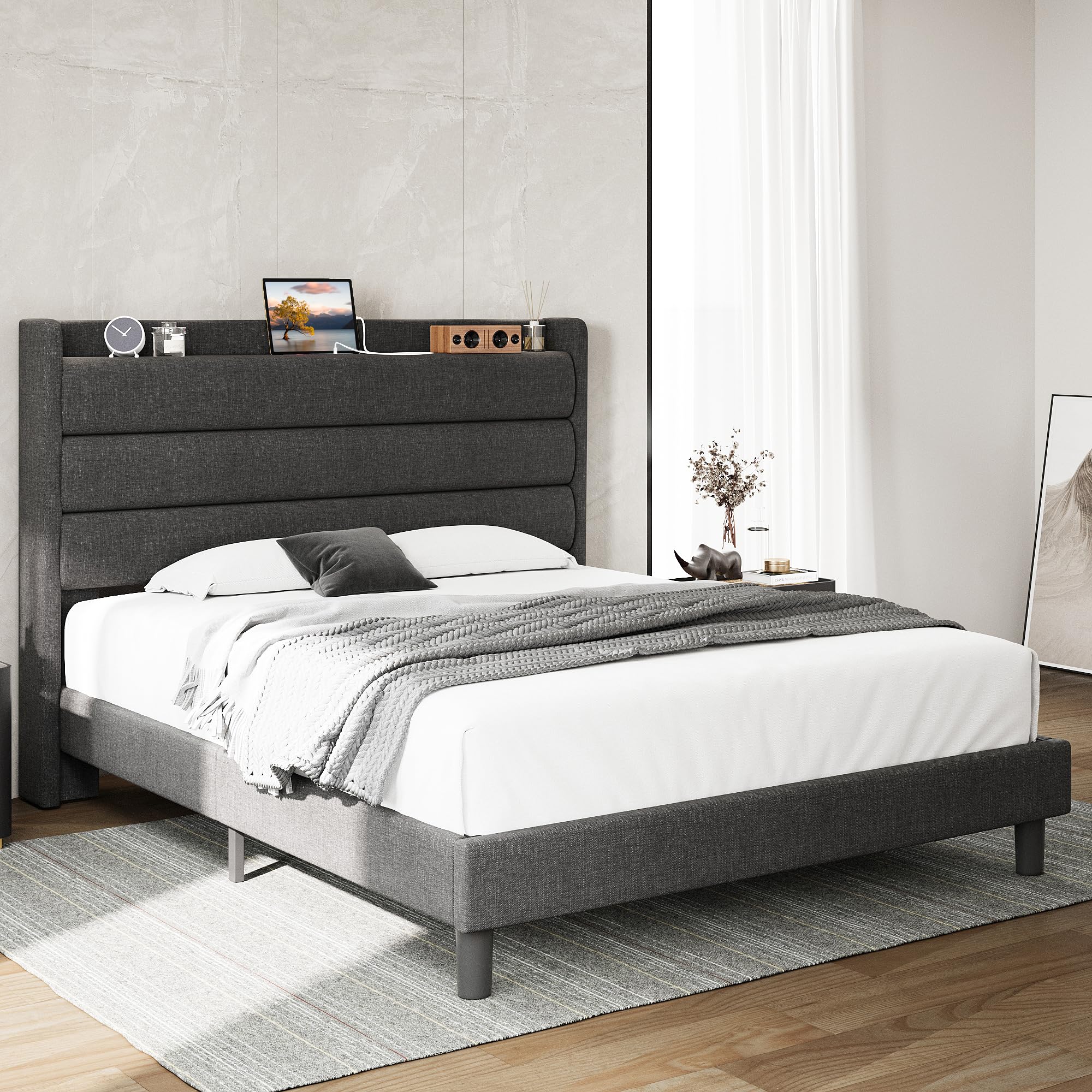 LIKIMIO Queen Size Bed Frame, Storage Headboard with Outlets, Sturdy and Stable, No Noise, No Box Springs Needed, Dark Gray