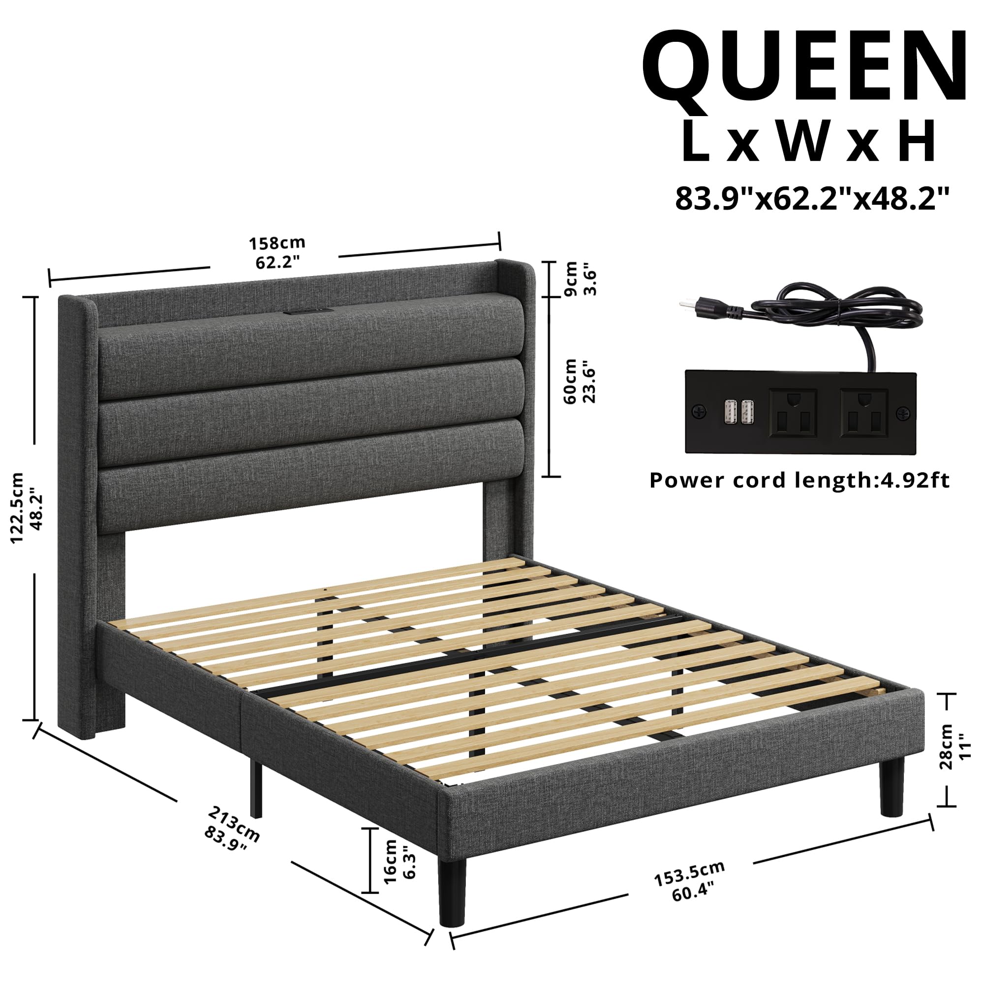 LIKIMIO Queen Size Bed Frame, Storage Headboard with Outlets, Sturdy and Stable, No Noise, No Box Springs Needed, Dark Gray