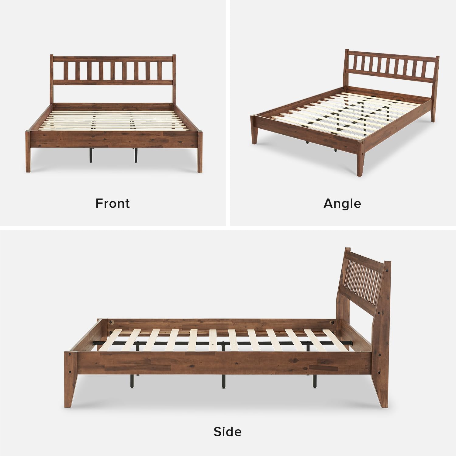 mopio Ted Bed Frame with Headboard, Mid Century Modern Acacia Solid Wood Platform Bed Frame, Wooden Bed Slats, No Box Spring Needed, Double Metal Bar Support, Walnut (Queen Bed)