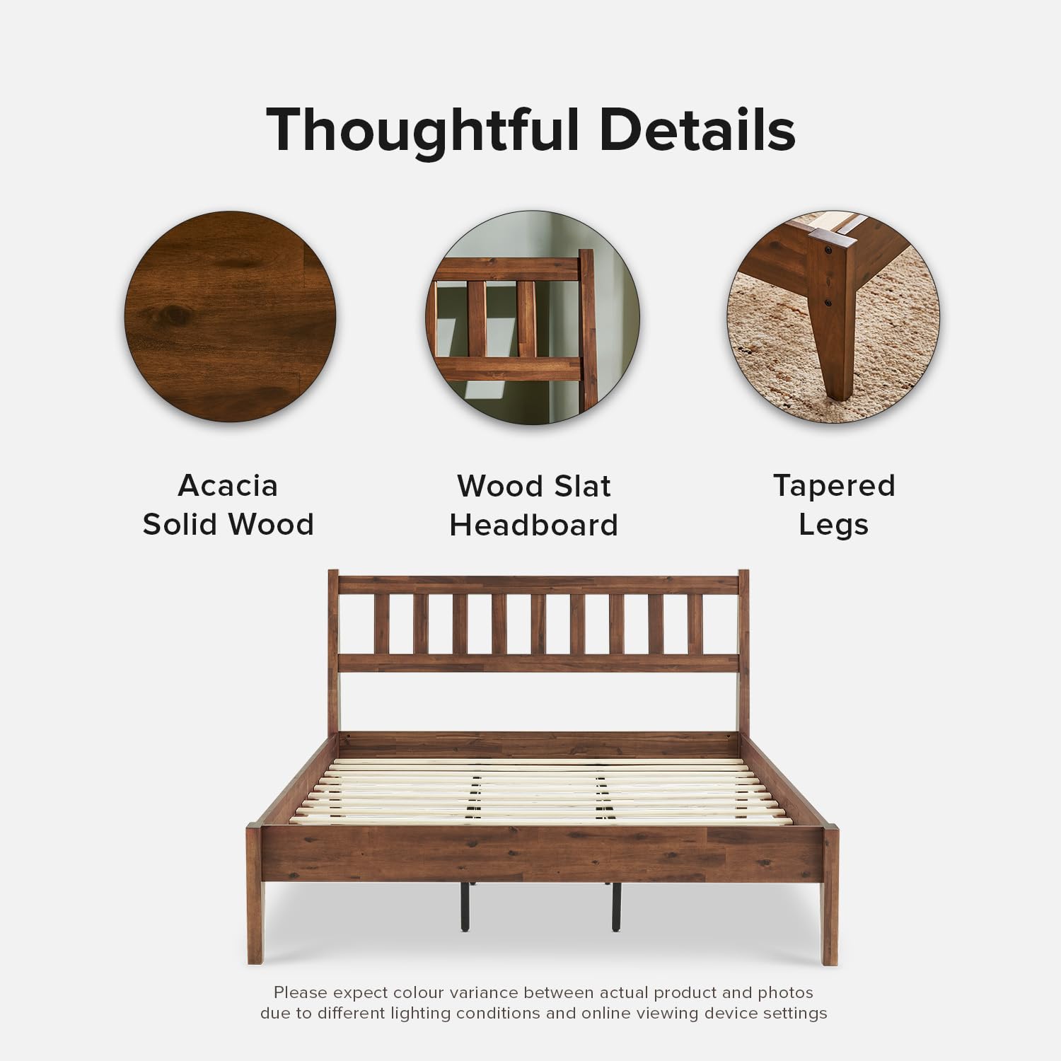 mopio Ted Bed Frame with Headboard, Mid Century Modern Acacia Solid Wood Platform Bed Frame, Wooden Bed Slats, No Box Spring Needed, Double Metal Bar Support, Walnut (Queen Bed)