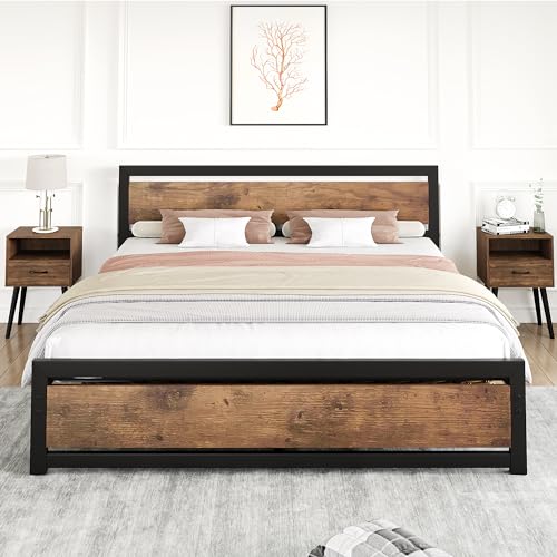 GAOMON King Size Bed Frame Platform with Headboard, Industrial King Bed Platform Frame with Heavy Duty Steel Slat, No Box Spring Needed Easy to Assemble 14 inch Wooden Bedframe - King