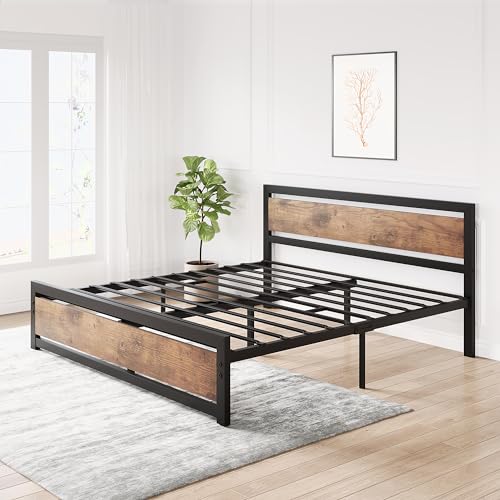 GAOMON King Size Bed Frame Platform with Headboard, Industrial King Bed Platform Frame with Heavy Duty Steel Slat, No Box Spring Needed Easy to Assemble 14 inch Wooden Bedframe - King