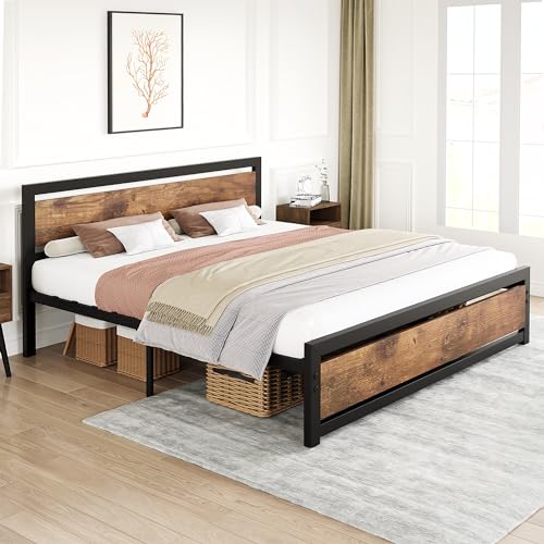 GAOMON King Size Bed Frame Platform with Headboard, Industrial King Bed Platform Frame with Heavy Duty Steel Slat, No Box Spring Needed Easy to Assemble 14 inch Wooden Bedframe - King