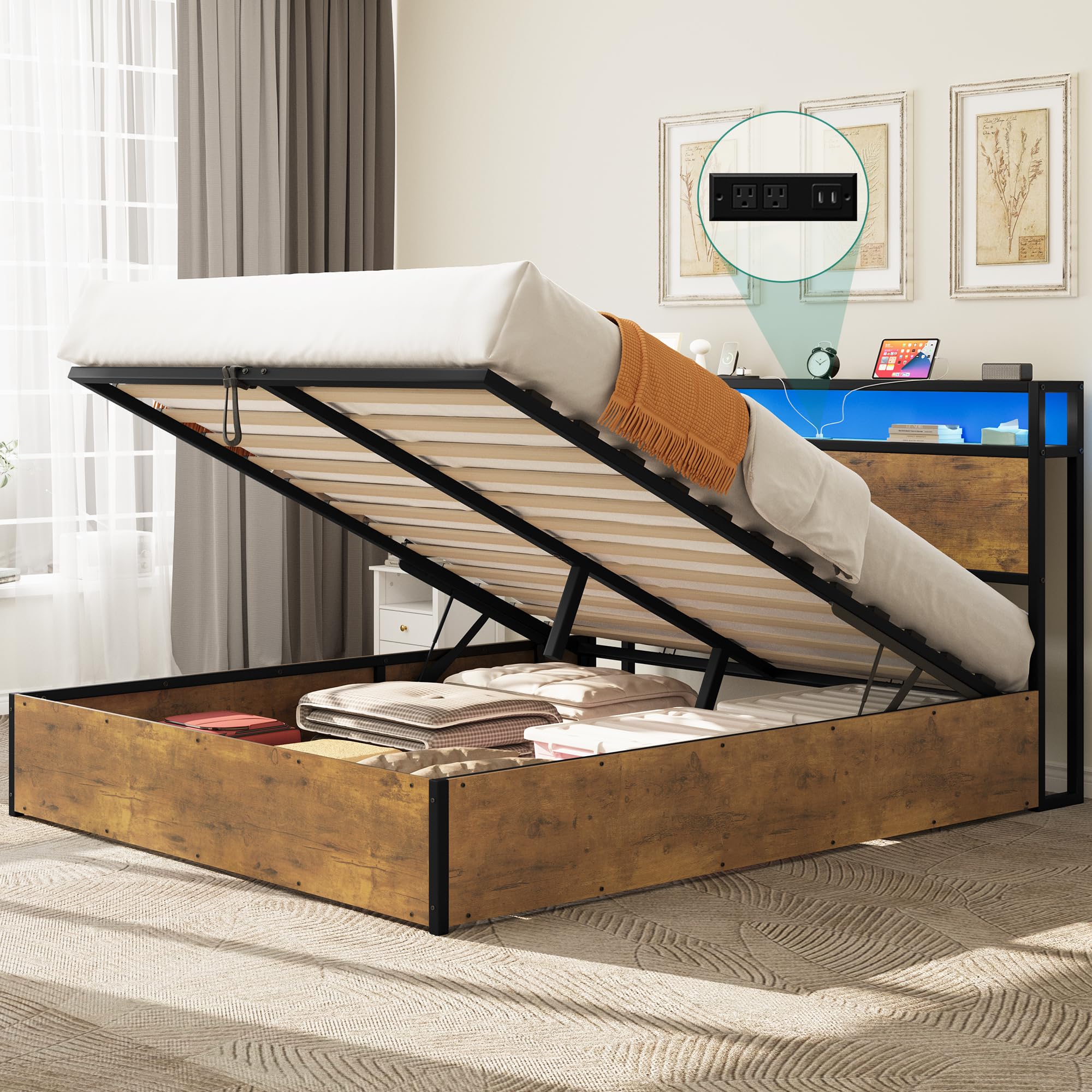 YITAHOME Lift Storage Bed Frame, Queen Size Bed Frame with 2-tier Storage Shelf Headboard, LED Light Platform Bed Frame with Charging Station, No Spring Box Needed, Rustic Brown