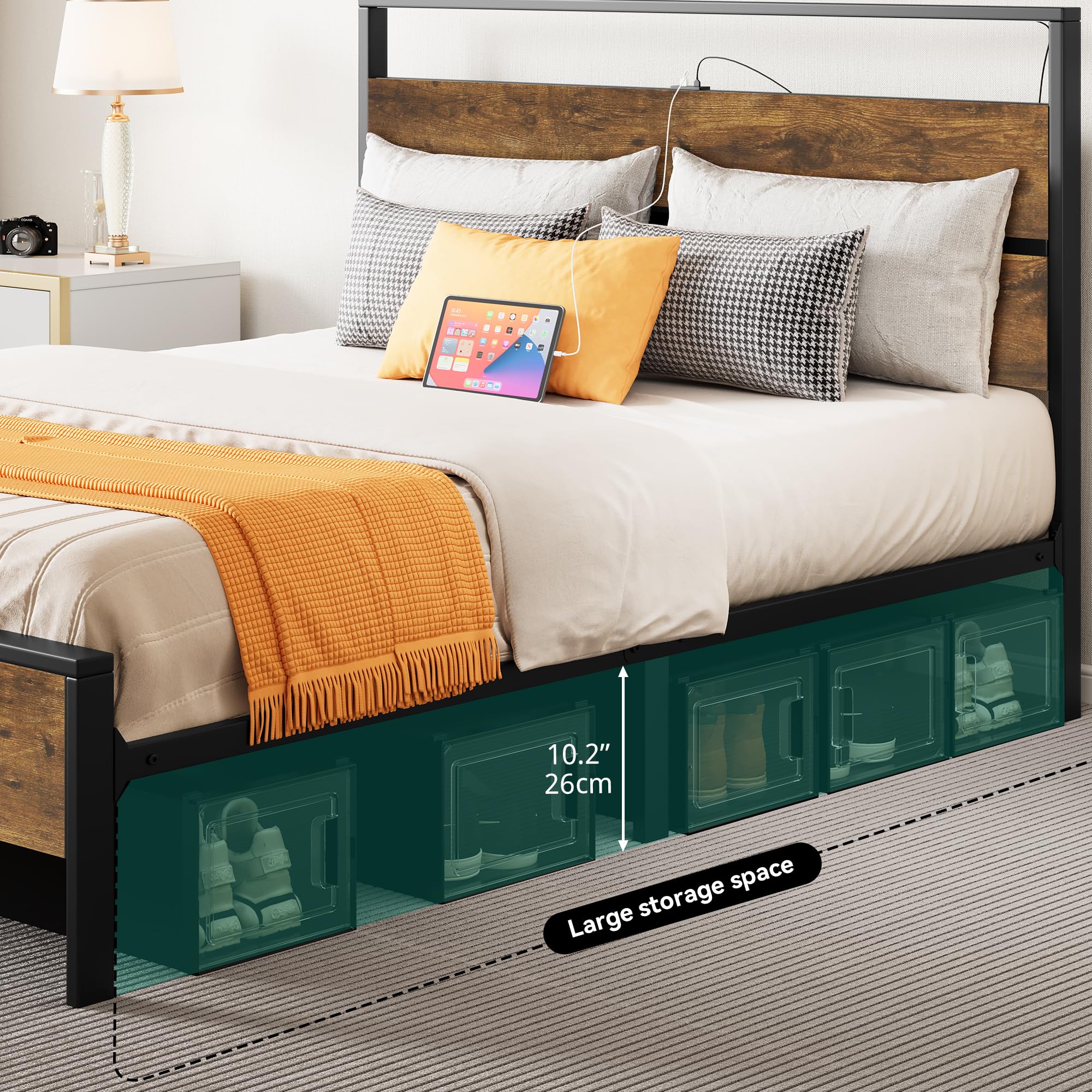 YITAHOME Queen Size Bed Frame, LED Bed Frame with 2 USB Ports, Platform Bed frame with 10.2” Under Bed Storage Clearance, Strong Metal Slats Support, No Box Spring Needed, Vintage Brown