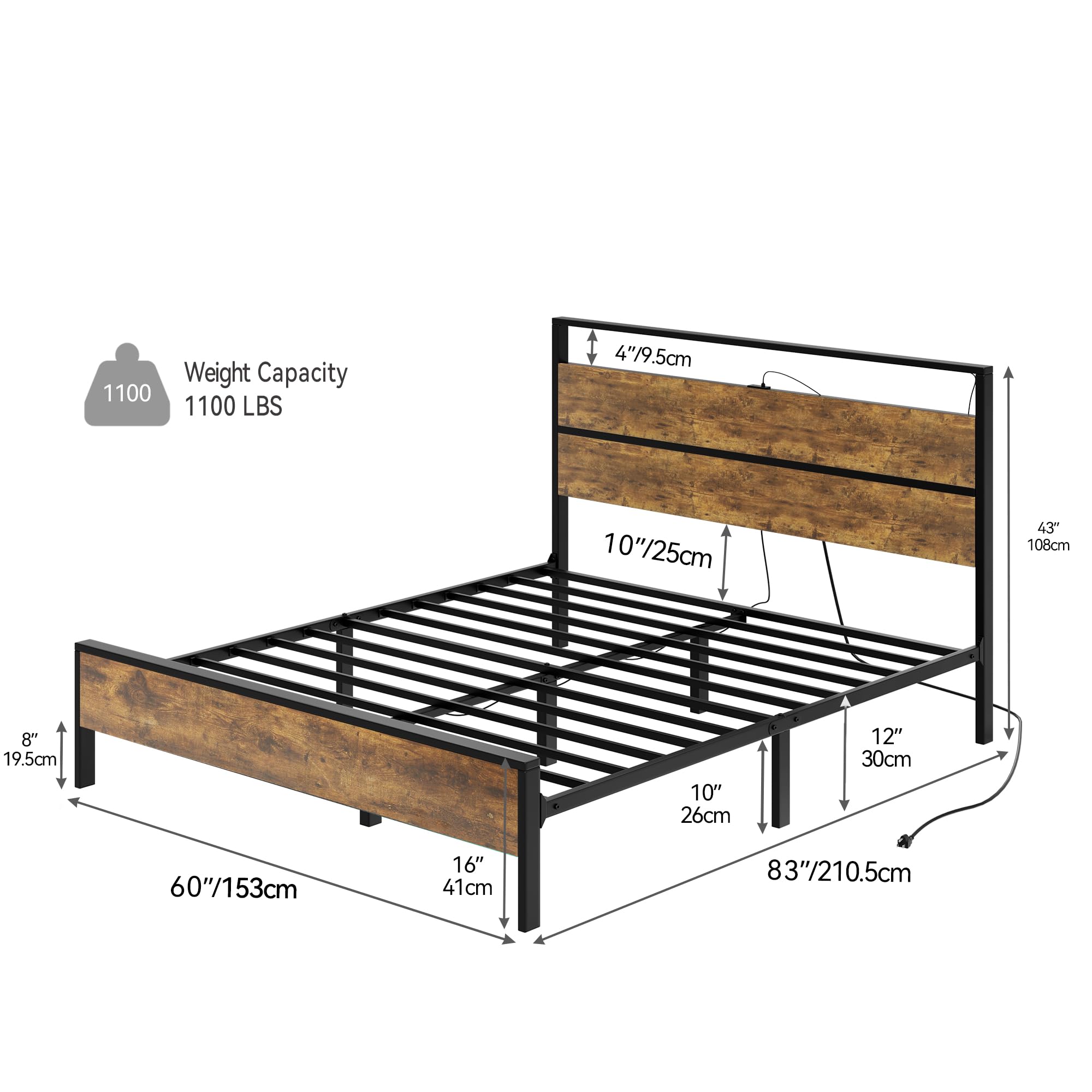 YITAHOME Queen Size Bed Frame, LED Bed Frame with 2 USB Ports, Platform Bed frame with 10.2” Under Bed Storage Clearance, Strong Metal Slats Support, No Box Spring Needed, Vintage Brown