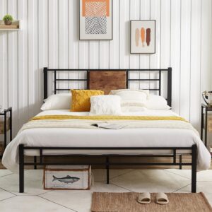 vecelo full size bed frame with headboard, heavy-duty platform with steel slats support, no box spring needed/easy assembly, matte black & brown