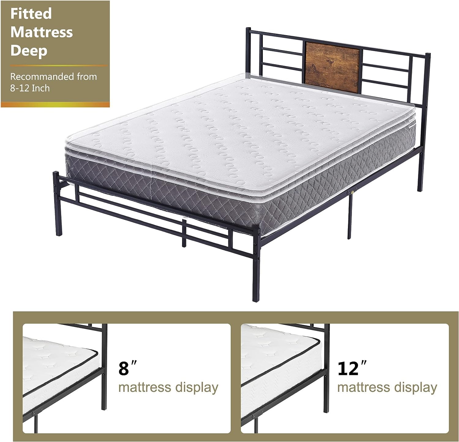 VECELO Full Size Bed Frame with Headboard, Heavy-Duty Platform with Steel Slats Support, No Box Spring Needed/Easy Assembly, Matte Black & Brown