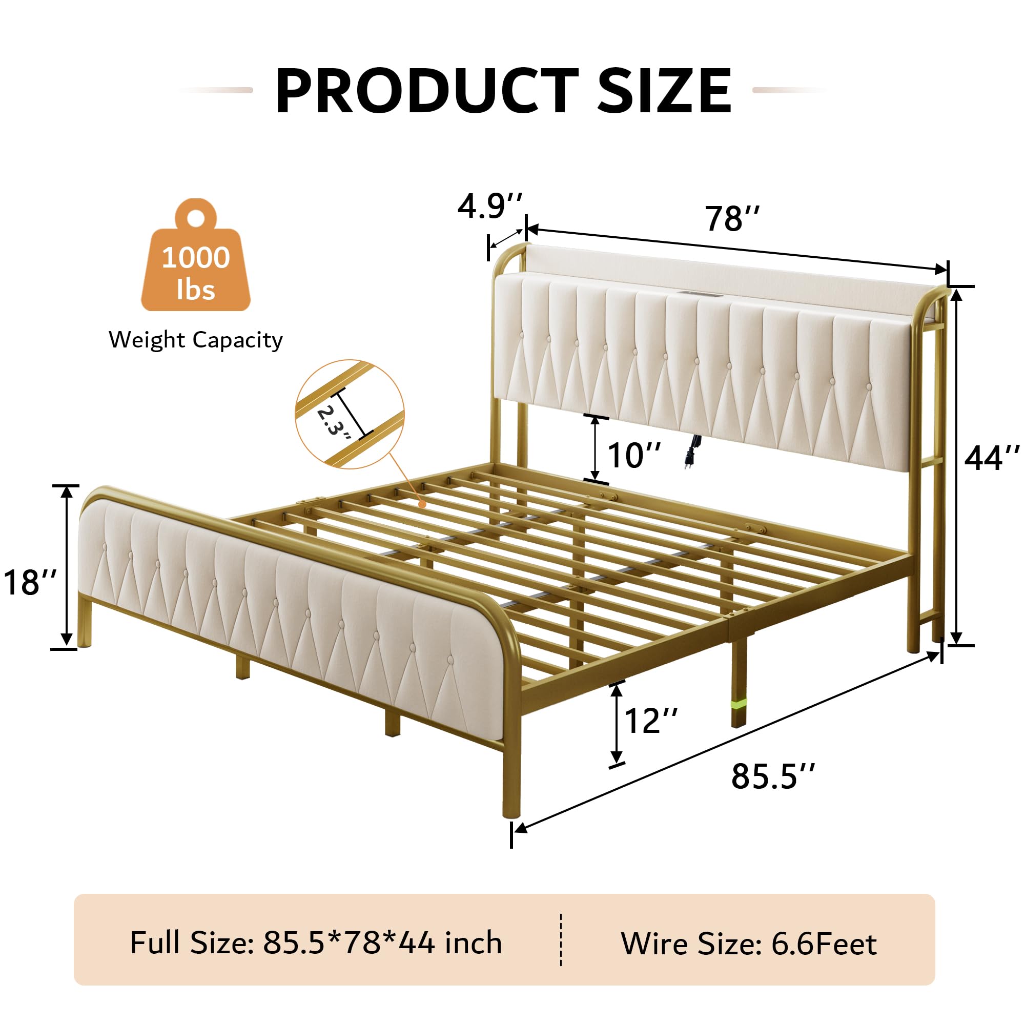 iPormis King Size Metal Bed Frame with Charging Station, Velvet Headboard and Footboard, Heavy Duty Steel Support, 12" Under Bed Storage, No Box Spring Needed, Easy Assembly,Beige&Gold