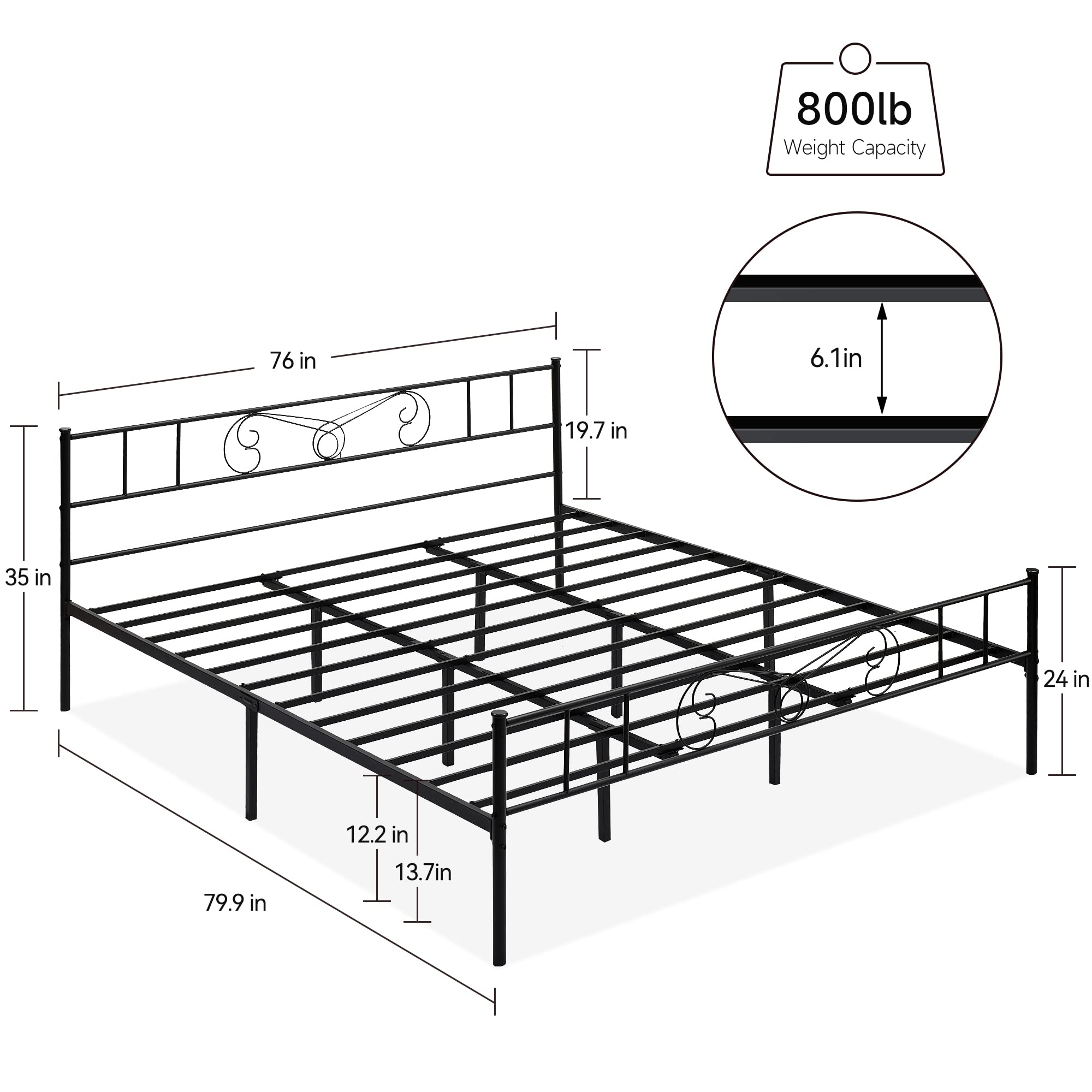 GAOMON King Bed Frame Platform with Headboard and Footboard, Metal Bed with Storage Space, Mattress Foundation, No Box Spring Needed, Easy Assembly, Black (King)