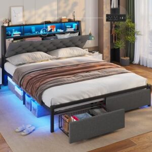 bthfst queen bed frame with charging station, led bed frame queen size with headboard storage and 2 drawers, metal and upholstered platform bed frame with lights, no box spring needed, dark grey