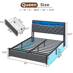 BTHFST Queen Bed Frame with Charging Station, LED Bed Frame Queen Size with Headboard Storage and 2 Drawers, Metal and Upholstered Platform Bed Frame with Lights, No Box Spring Needed, Dark Grey