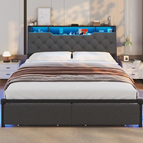 BTHFST Queen Bed Frame with Charging Station, LED Bed Frame Queen Size with Headboard Storage and 2 Drawers, Metal and Upholstered Platform Bed Frame with Lights, No Box Spring Needed, Dark Grey