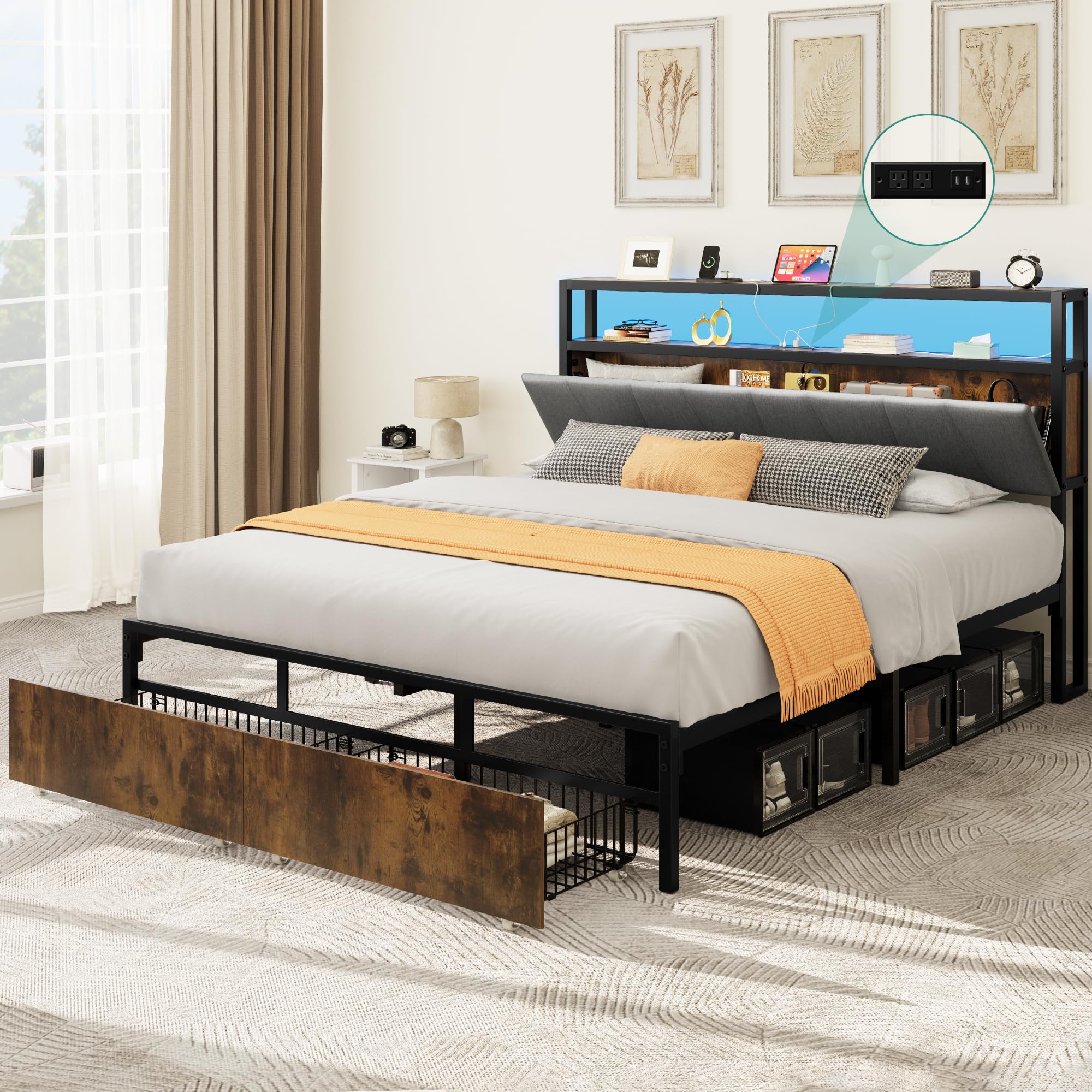 YITAHOME Queen Size Bed Frame, LED Platform Bed Frame with Storage Headboard & Charging Station, Upholstered Bed with 2 Drawers, No Box Spring Needed, Easy Assembly, Vintage Brown and Grey