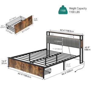 YITAHOME Queen Size Bed Frame, LED Platform Bed Frame with Storage Headboard & Charging Station, Upholstered Bed with 2 Drawers, No Box Spring Needed, Easy Assembly, Vintage Brown and Grey