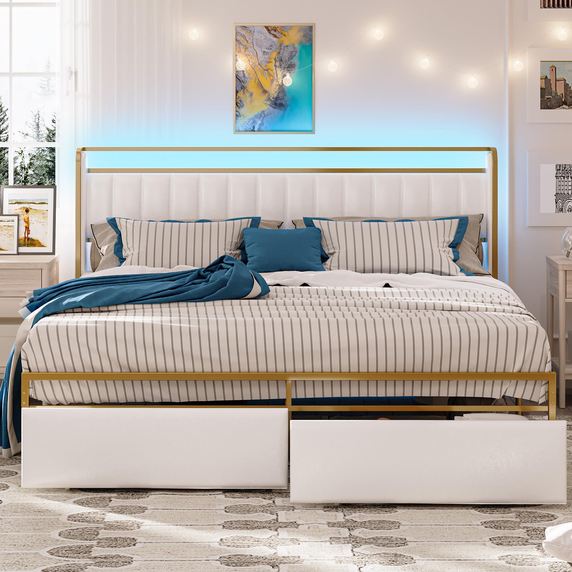 LIKIMIO King Bed Frame with Armrests Headboard, Drawer, RGB Light, Modern Upholstered Bed Platform, No Box Spring Needed Easy Assembly, Gold and White