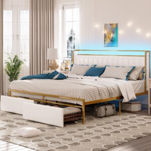 LIKIMIO King Bed Frame with Armrests Headboard, Drawer, RGB Light, Modern Upholstered Bed Platform, No Box Spring Needed Easy Assembly, Gold and White