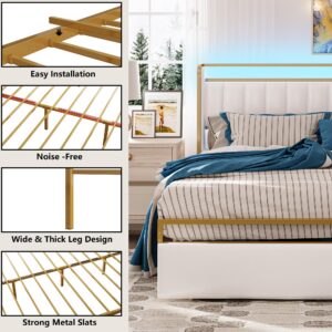 LIKIMIO King Bed Frame with Armrests Headboard, Drawer, RGB Light, Modern Upholstered Bed Platform, No Box Spring Needed Easy Assembly, Gold and White