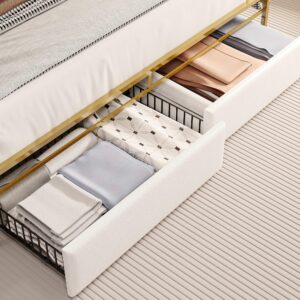 LIKIMIO King Bed Frame with Armrests Headboard, Drawer, RGB Light, Modern Upholstered Bed Platform, No Box Spring Needed Easy Assembly, Gold and White