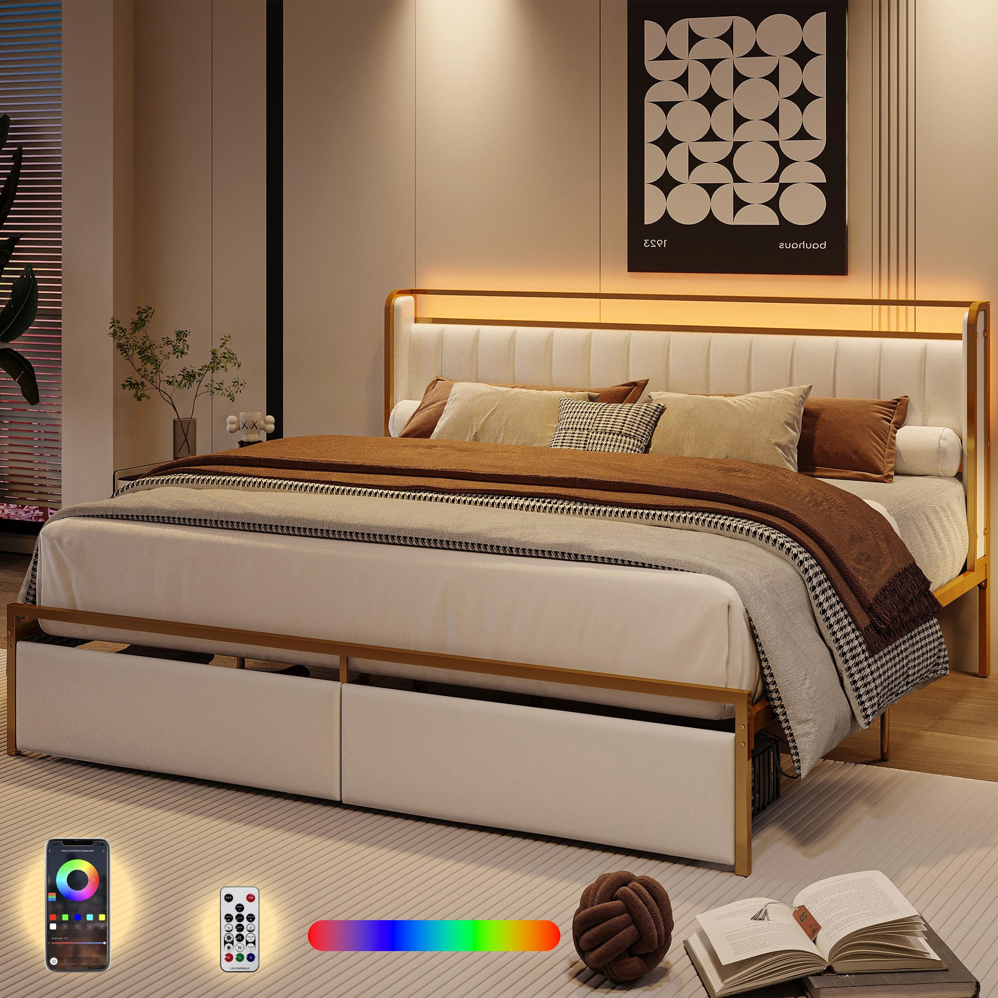 LIKIMIO King Bed Frame with Armrests Headboard, Drawer, RGB Light, Modern Upholstered Bed Platform, No Box Spring Needed Easy Assembly, Gold and White