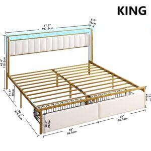 LIKIMIO King Bed Frame with Armrests Headboard, Drawer, RGB Light, Modern Upholstered Bed Platform, No Box Spring Needed Easy Assembly, Gold and White